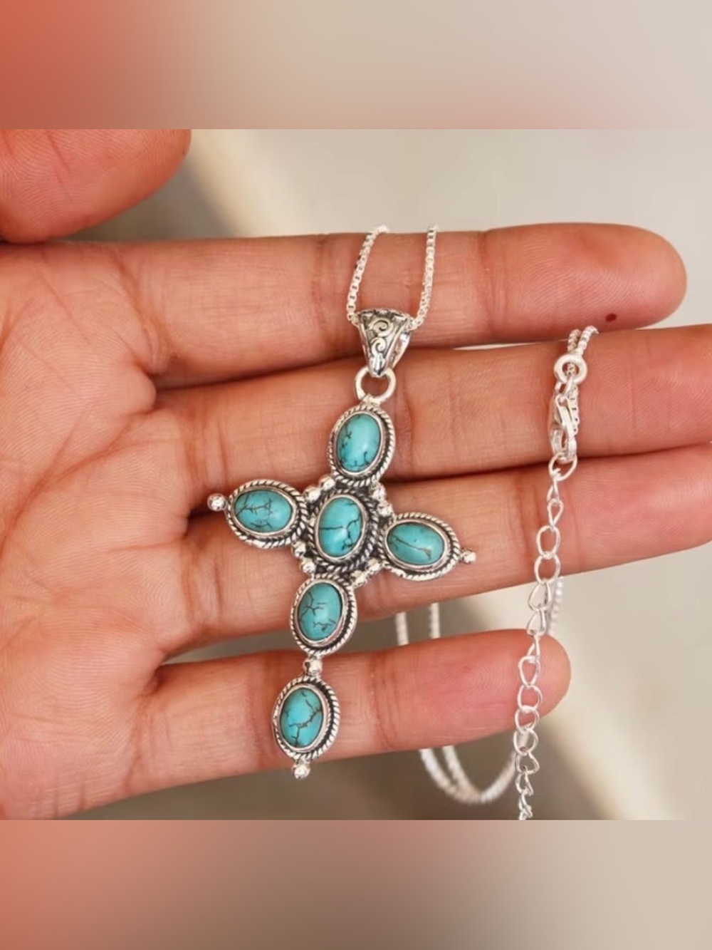 Western Cross Necklace Turquoise Silver Cross Pendant Necklace